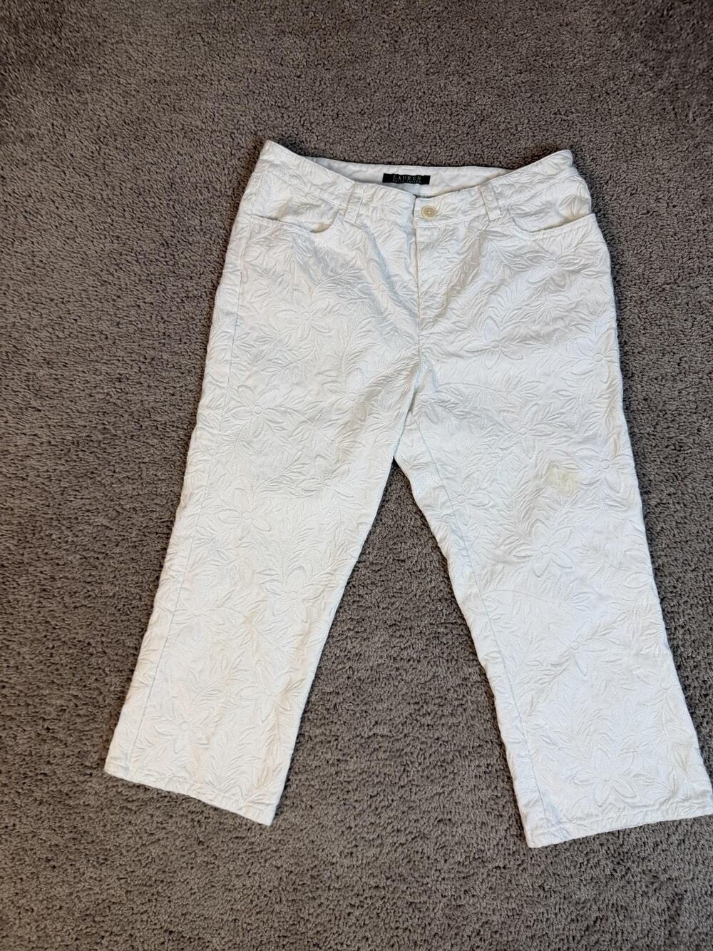 Lauren Ralph Lauren Pants Womens 10 White Cropped Embroidered Floral 20 Inseam